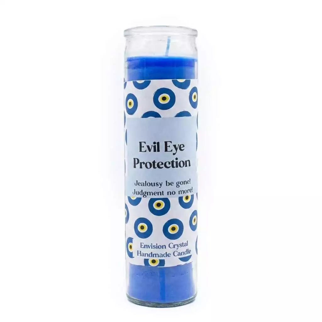 Blue Evil Eye Protection aromatic jar candle by Envision Crystal with nazar-themed label for jealousy shielding ritual