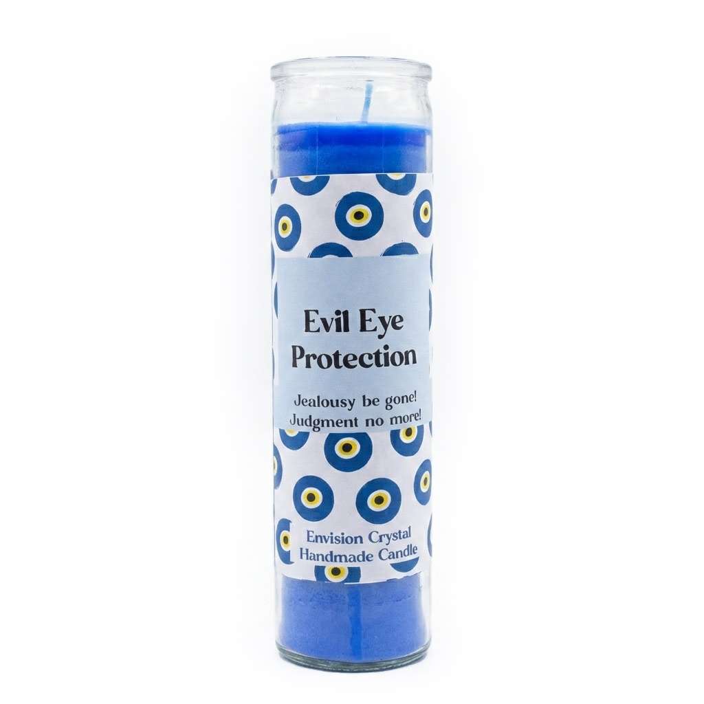 Blue Evil Eye Protection aromatic jar candle by Envision Crystal with nazar-themed label for jealousy shielding ritual