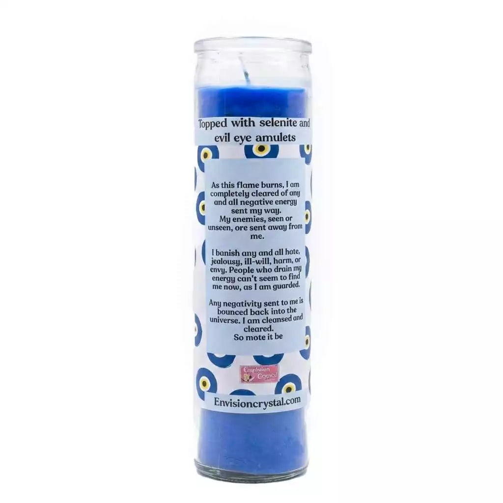 Blue candle in clear glass container with Evil Eye Protection label for warding against jealous and harmful attention