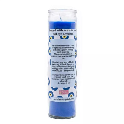 Blue candle in clear glass container with Evil Eye Protection label for warding against jealous and harmful attention