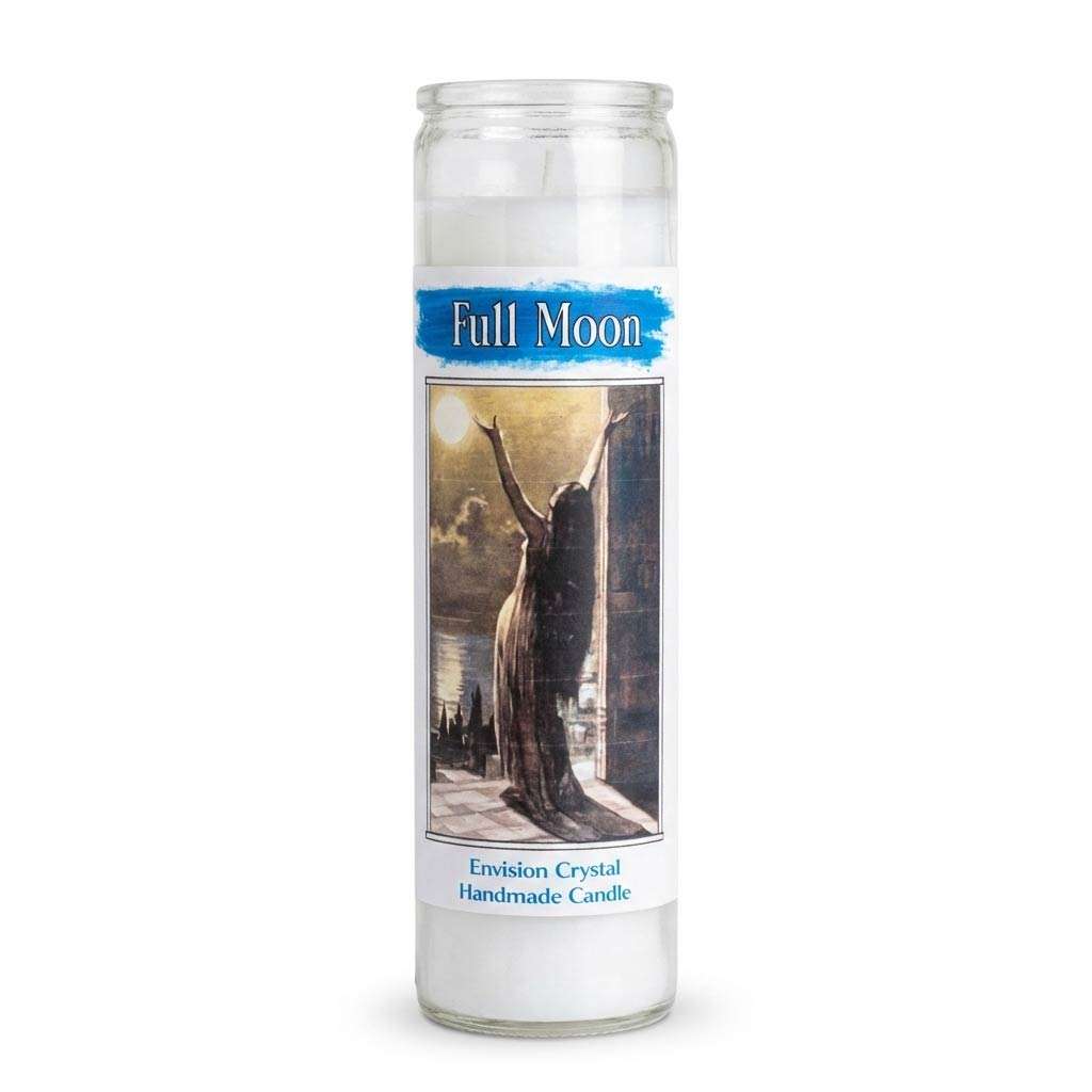 Envision Crystal Full Moon aromatic ritual jar candle with lunar manifestation label, 7-day candle for full moon ceremony and intention work