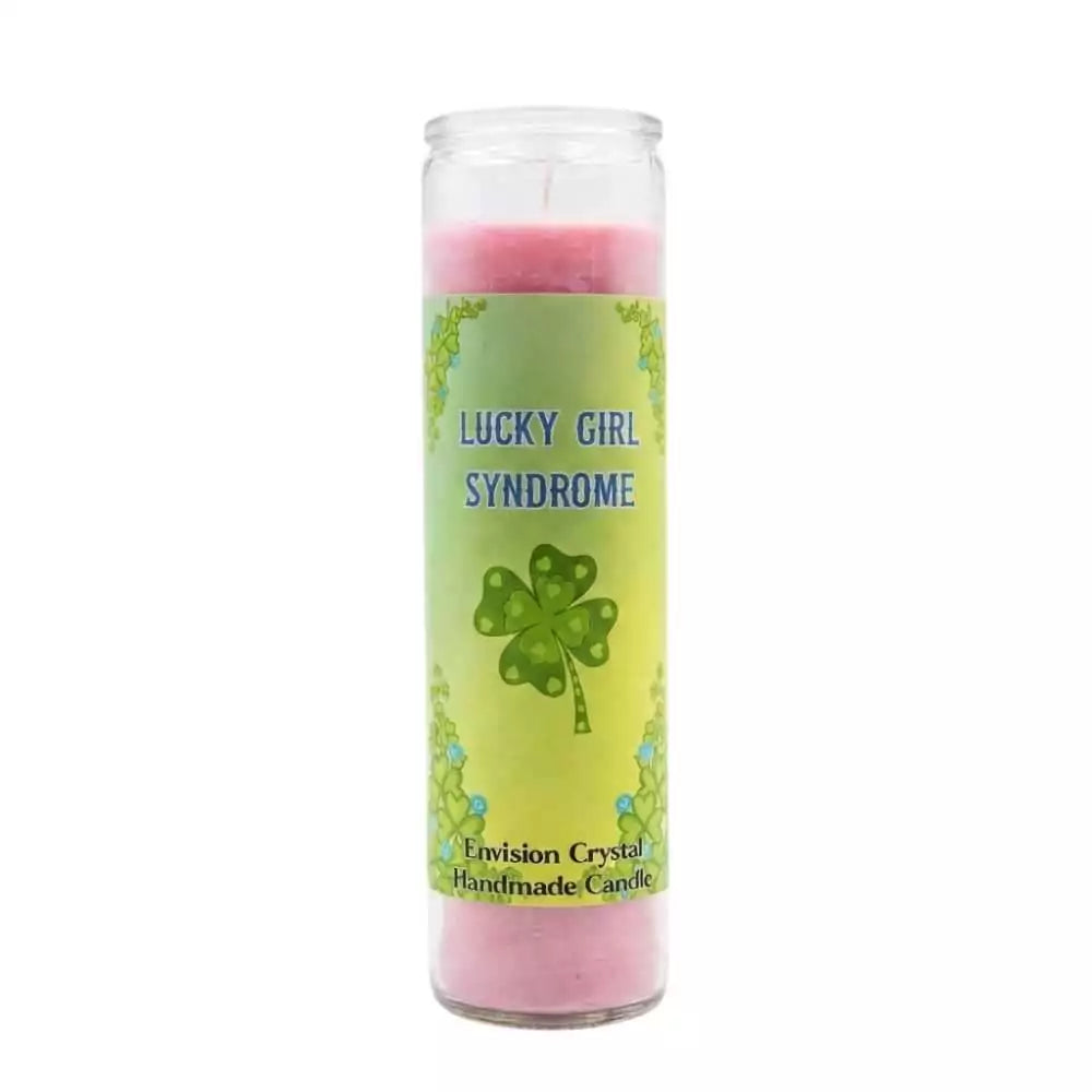 Pink Lucky Girl Syndrome manifestation candle with Carnelian and Damiana embedded in glass jar by Envision Crystal