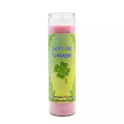 Pink Lucky Girl Syndrome manifestation candle with Carnelian and Damiana embedded in glass jar by Envision Crystal