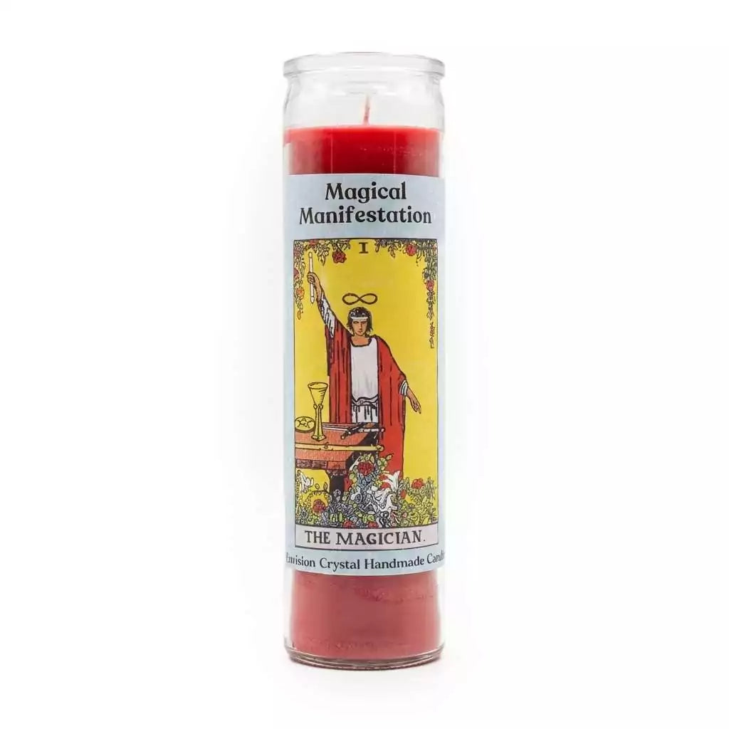 Red Magical Manifestation aromatic jar candle by Envision Crystal with decorative label for spell amplification ritual use