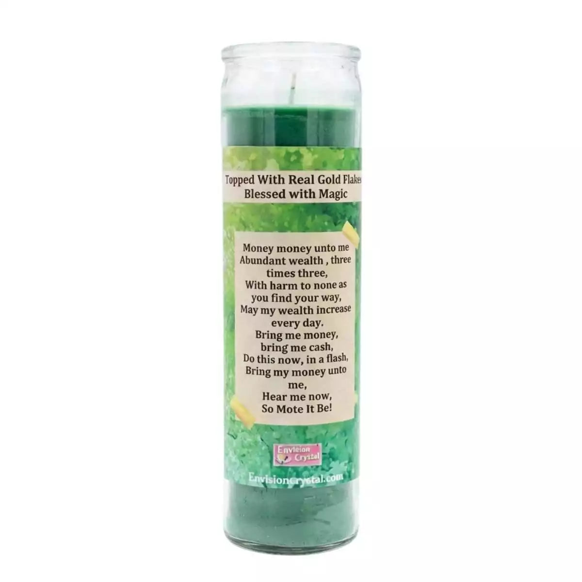 Back label view of Money aromatic jar candle for prosperity rituals and financial intention setting