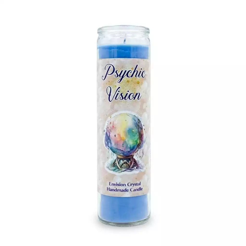 Psychic Vision Envision Crystal jar candle with third eye symbolism, 7-day ritual candle for intuition and divination enhancement