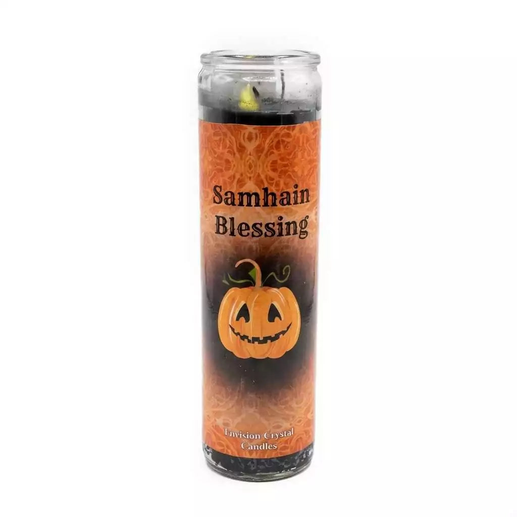 Samhain Blessing ancestor ritual jar candle with sabbat label, 7-day candle for Halloween ancestor reverence and pagan ceremony