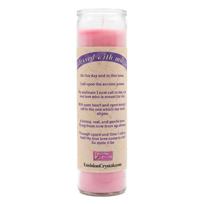 Pink soulmate aromatic jar candle with blessing prayer label for spiritual connection and soulmate intention-setting meditation practice