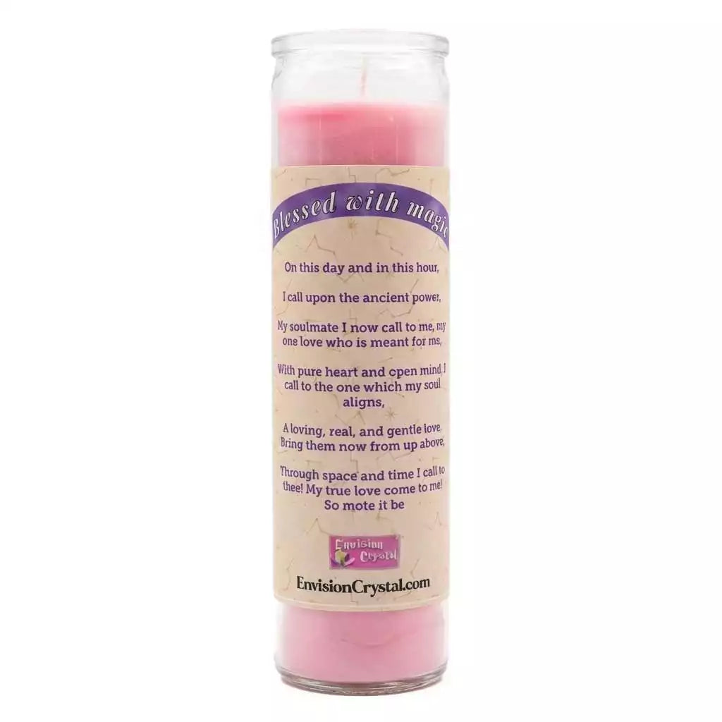 Pink soulmate aromatic jar candle with blessing prayer label for spiritual connection and soulmate intention-setting meditation practice