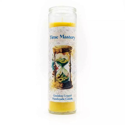 Time Mastery ritual jar candle with label depicting focus and productivity symbolism, 7-day spiritual candle for disciplined intention work