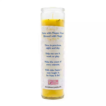 Close-up of Time Mastery ritual candle jar label showing intention and focus design for productivity spellwork