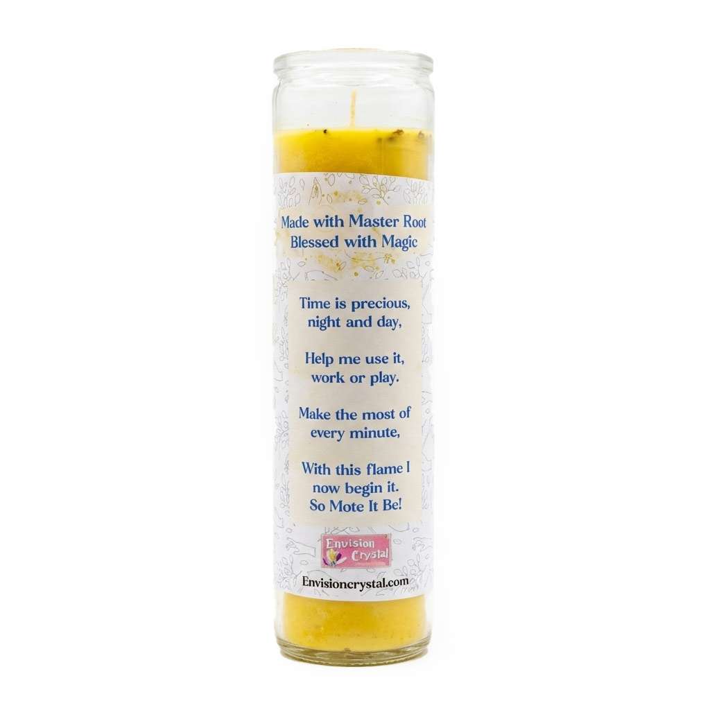 Close-up of Time Mastery ritual candle jar label showing intention and focus design for productivity spellwork