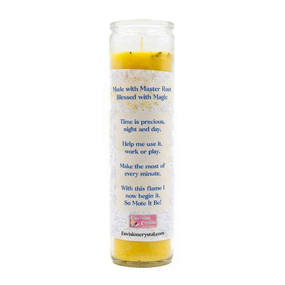 Close-up of Time Mastery ritual candle jar label showing intention and focus design for productivity spellwork