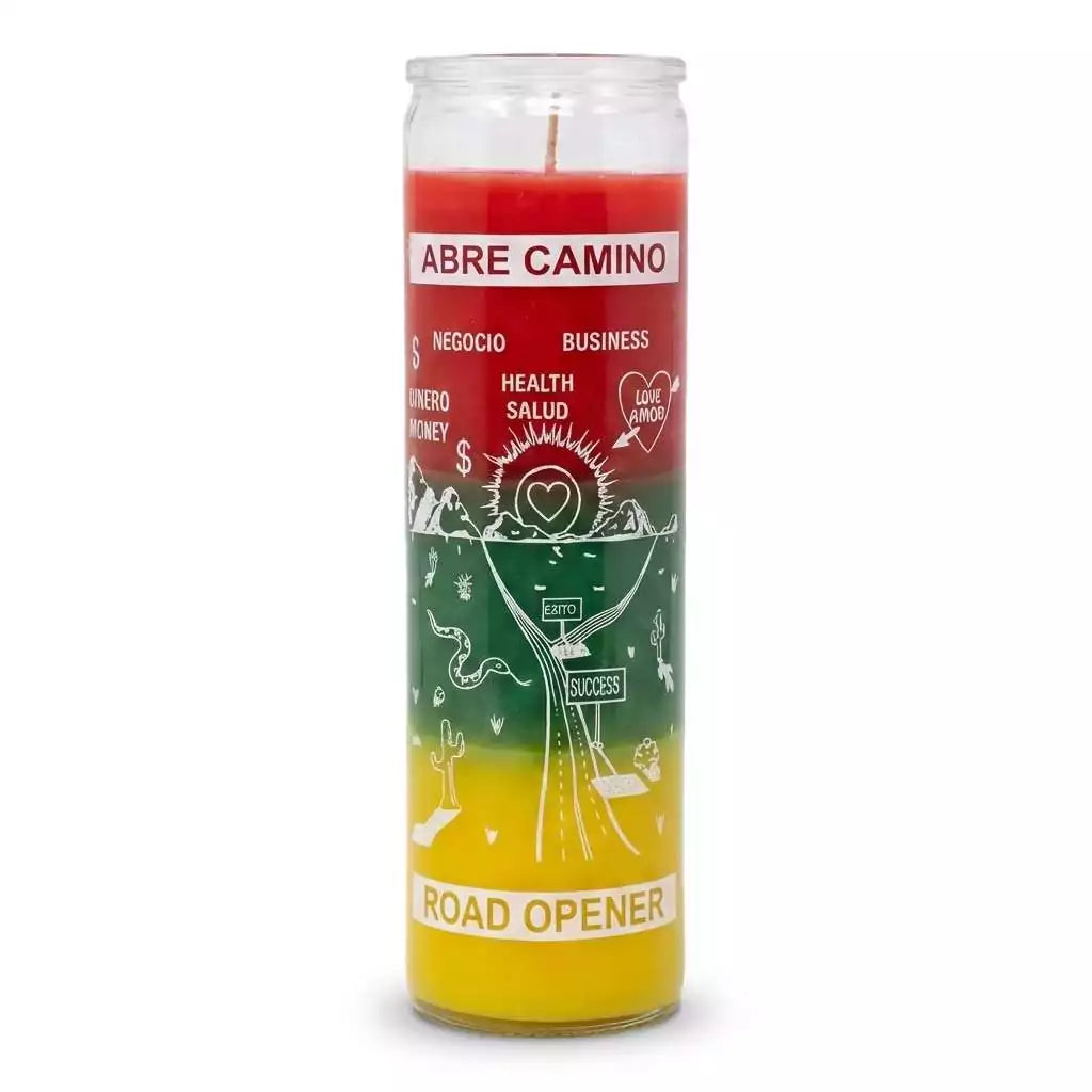 Road Opener / Abre Camino 7-day jar candle with tricolor red, green, and yellow layers — ritual candle for clearing blocked paths in health, business, and relationships.