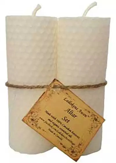 Set of Lailokens Awen 4.25-inch natural white beeswax altar candles for purification deity invocation full moon ceremonies and all-purpose ritual use
