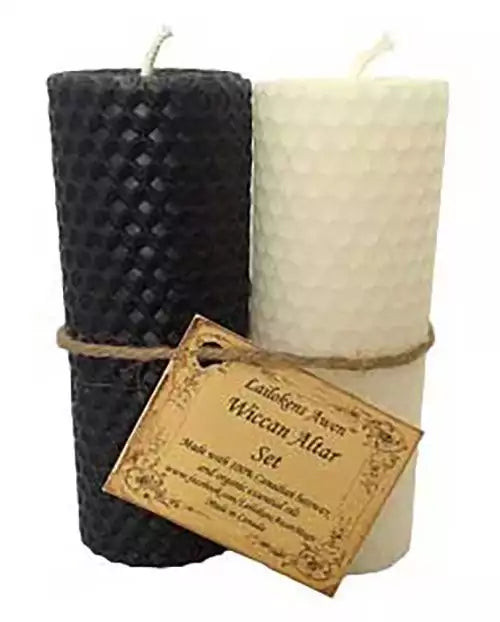 Lailokens Awen 4 1/4 inch Wiccan altar set candle in black and white showing handcrafted beeswax candle with ritual markings