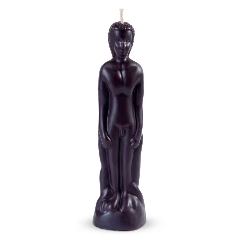 8 inch black male figure candle showing male silhouette shaped ritual candle in black wax for folk magic and protection workings