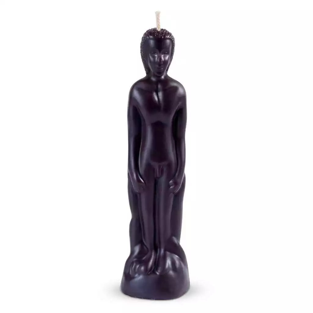 8 inch black male figure candle showing male silhouette shaped ritual candle in black wax for folk magic and protection workings