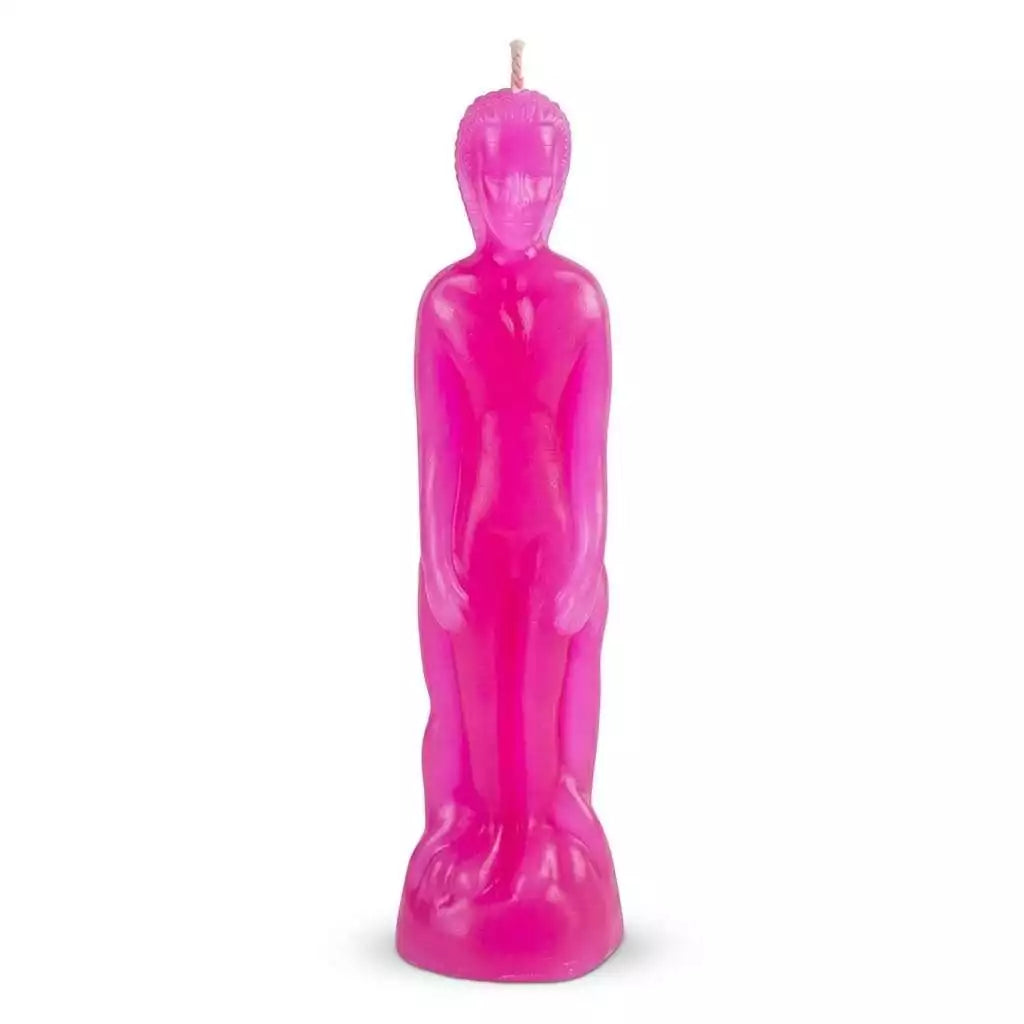 Pink wax candle sculpted as a standing male figure with detailed features and a wick at the top, for gentle love attraction ritual work.