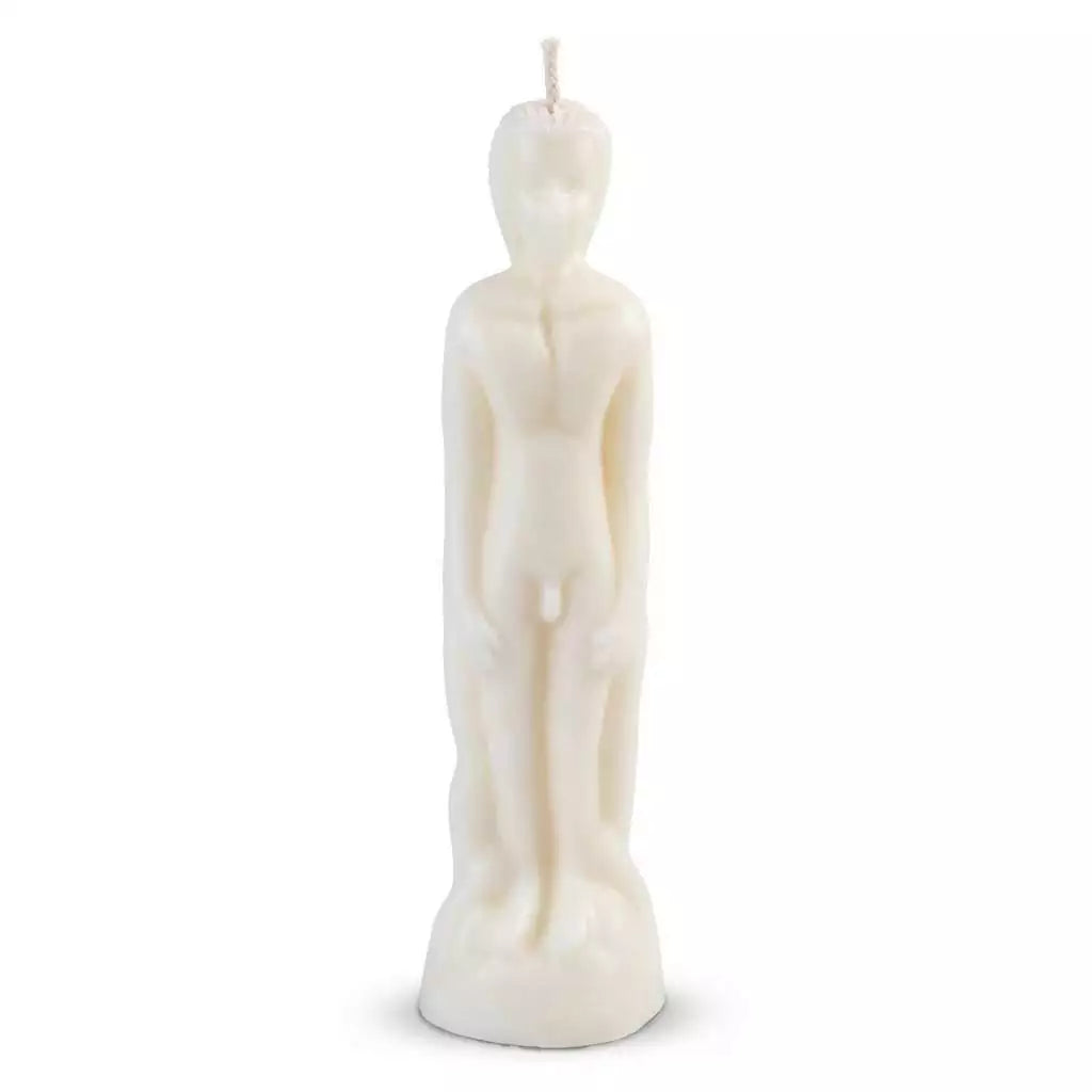 White wax figure candle 8 inches tall shaped like a standing human male, used in hoodoo and sympathetic magic for healing, protection, and blessing rituals.