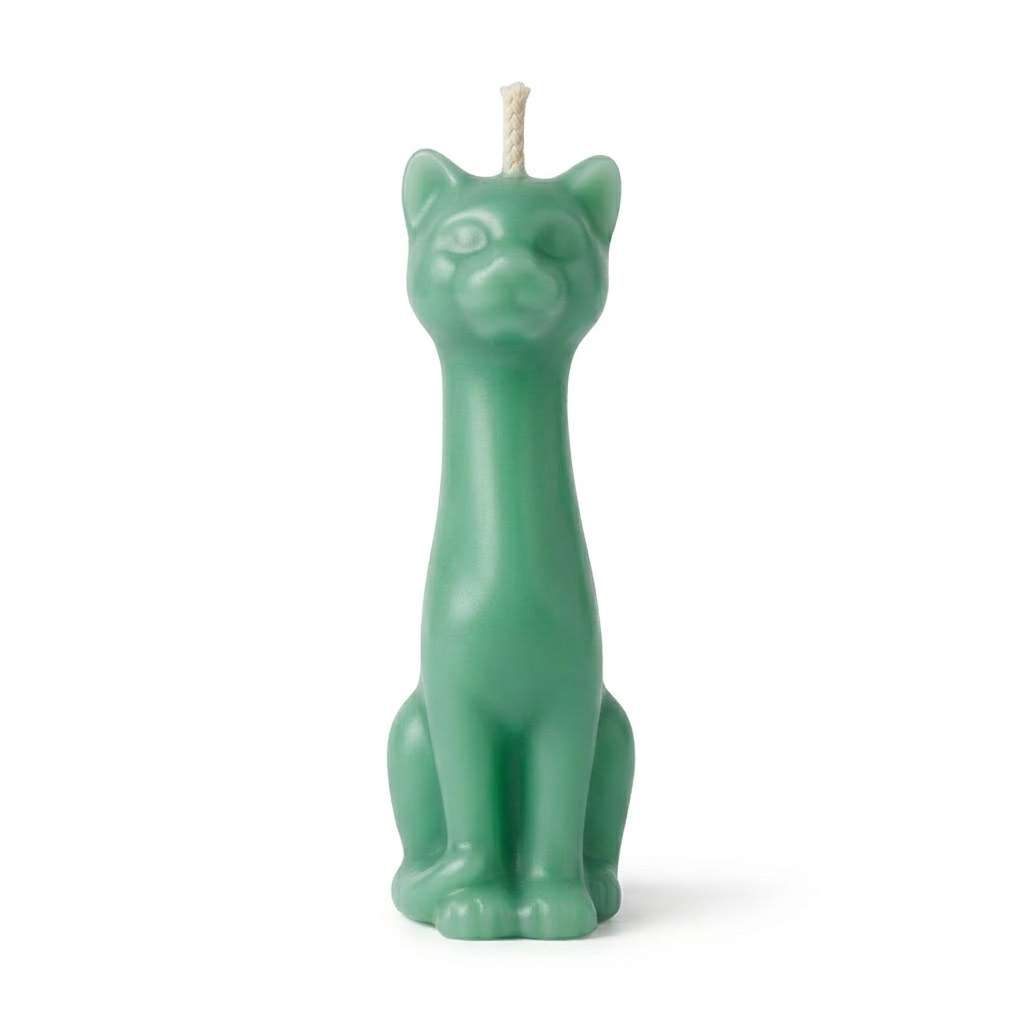 Green paraffin 5.5-inch cat figure candle for money drawing and abundance rituals, unscented and ready to dress with condition oils.