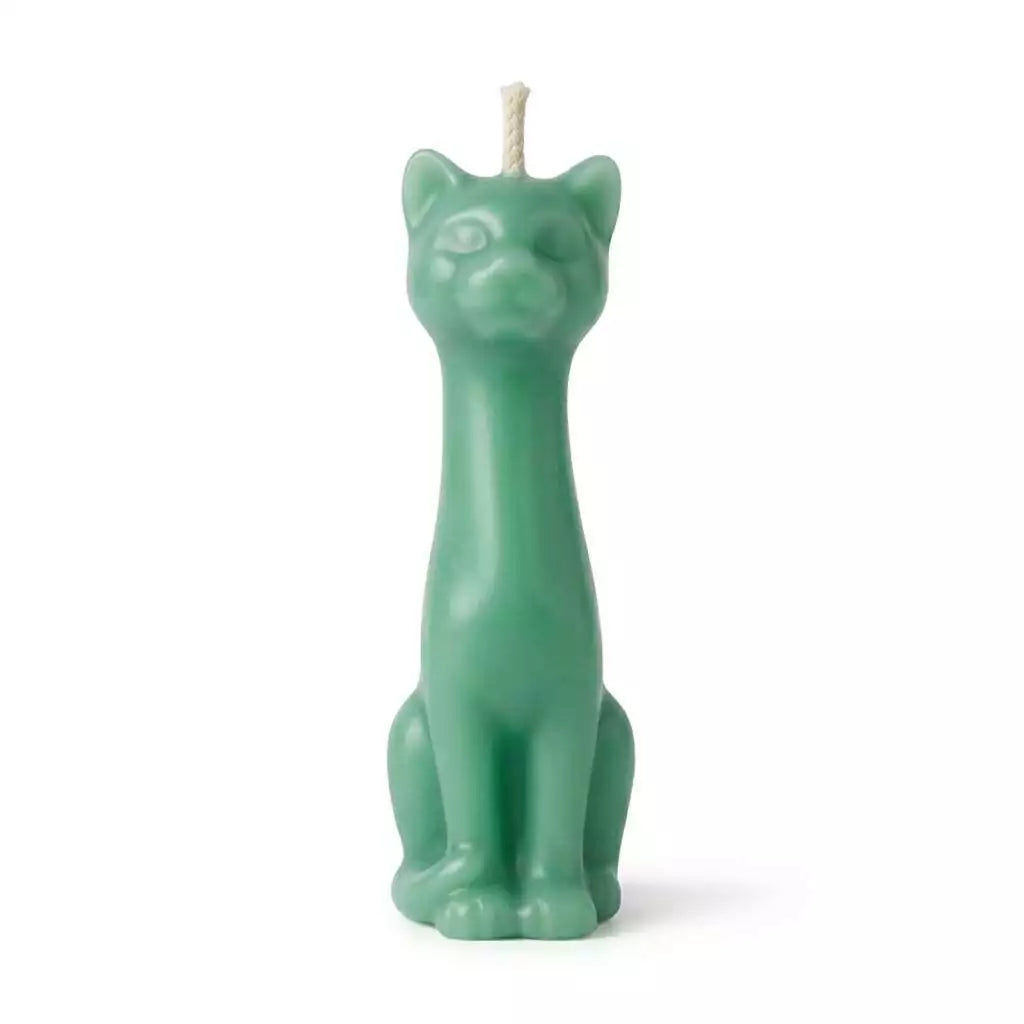 Green paraffin 5.5-inch cat figure candle for money drawing and abundance rituals, unscented and ready to dress with condition oils.