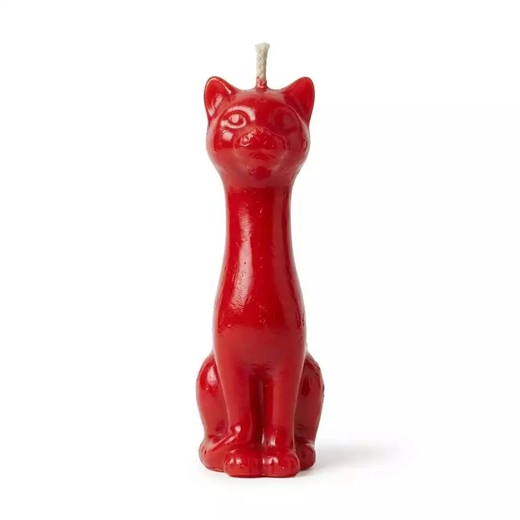 Red cat shaped figure candle 5.5 inches tall unscented paraffin for hoodoo luck attraction and gambling spells
