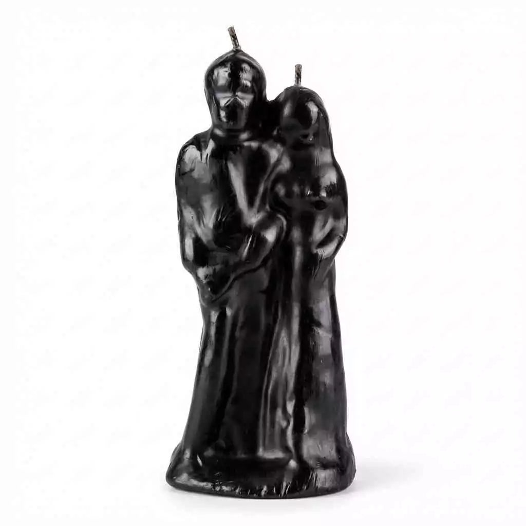 6-inch black wax bride and groom figural candle for hoodoo separation rituals — a black couple-shaped figure candle used in rootwork and conjure tradition.