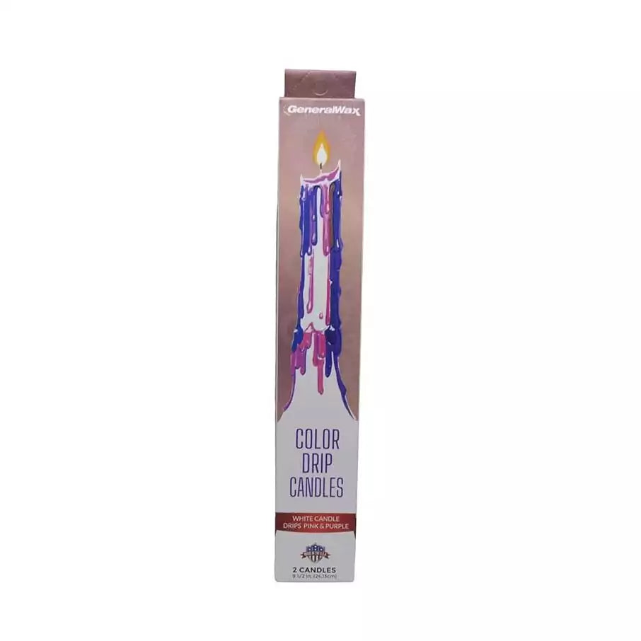 Colorful pink and purple drip candles packaged in a tall box with a lit candle at the top and vibrant cascading wax drip design, set of 2