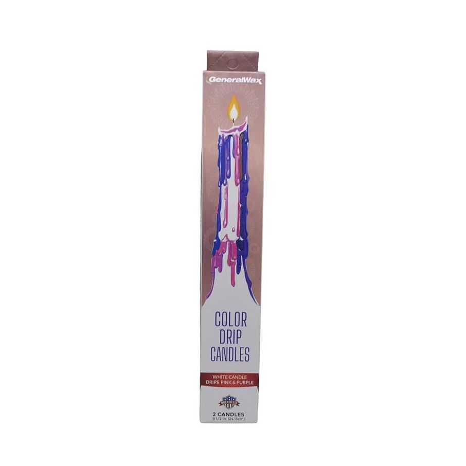 Colorful pink and purple drip candles packaged in a tall box with a lit candle at the top and vibrant cascading wax drip design, set of 2