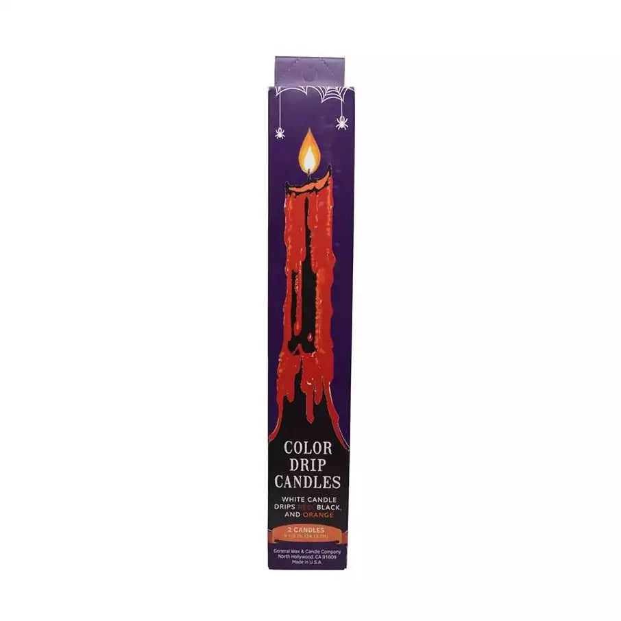 Set of 2 red black and orange drip taper candles for ritual spellwork showing dramatic wax drip coloring for altar and candle magic use