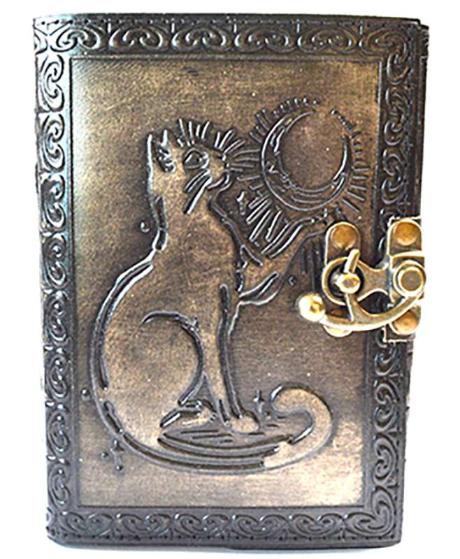 Cat Aged-Looking Leather Journal with Latch – 4 1/2" x 6 1/2" Unlined