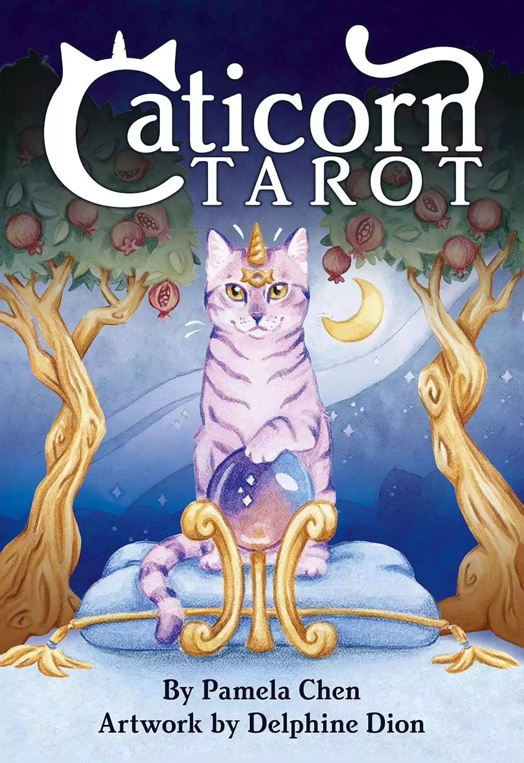 Caticorn Tarot deck box by Pamela Chen and Delphine Dion featuring cat-unicorn whimsical pastel artwork