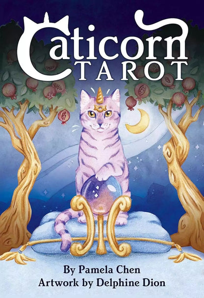 Caticorn Tarot deck box by Pamela Chen and Delphine Dion featuring cat-unicorn whimsical pastel artwork