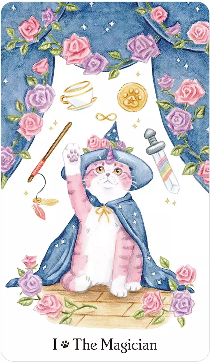 Caticorn Tarot card spread showing whimsical cat-unicorn illustrations with pastel color palette