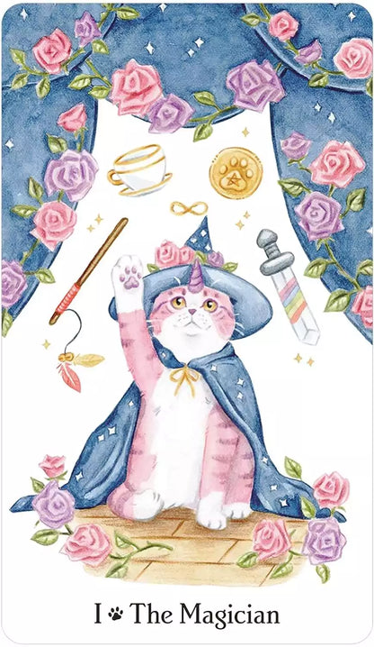 Caticorn Tarot card spread showing whimsical cat-unicorn illustrations with pastel color palette