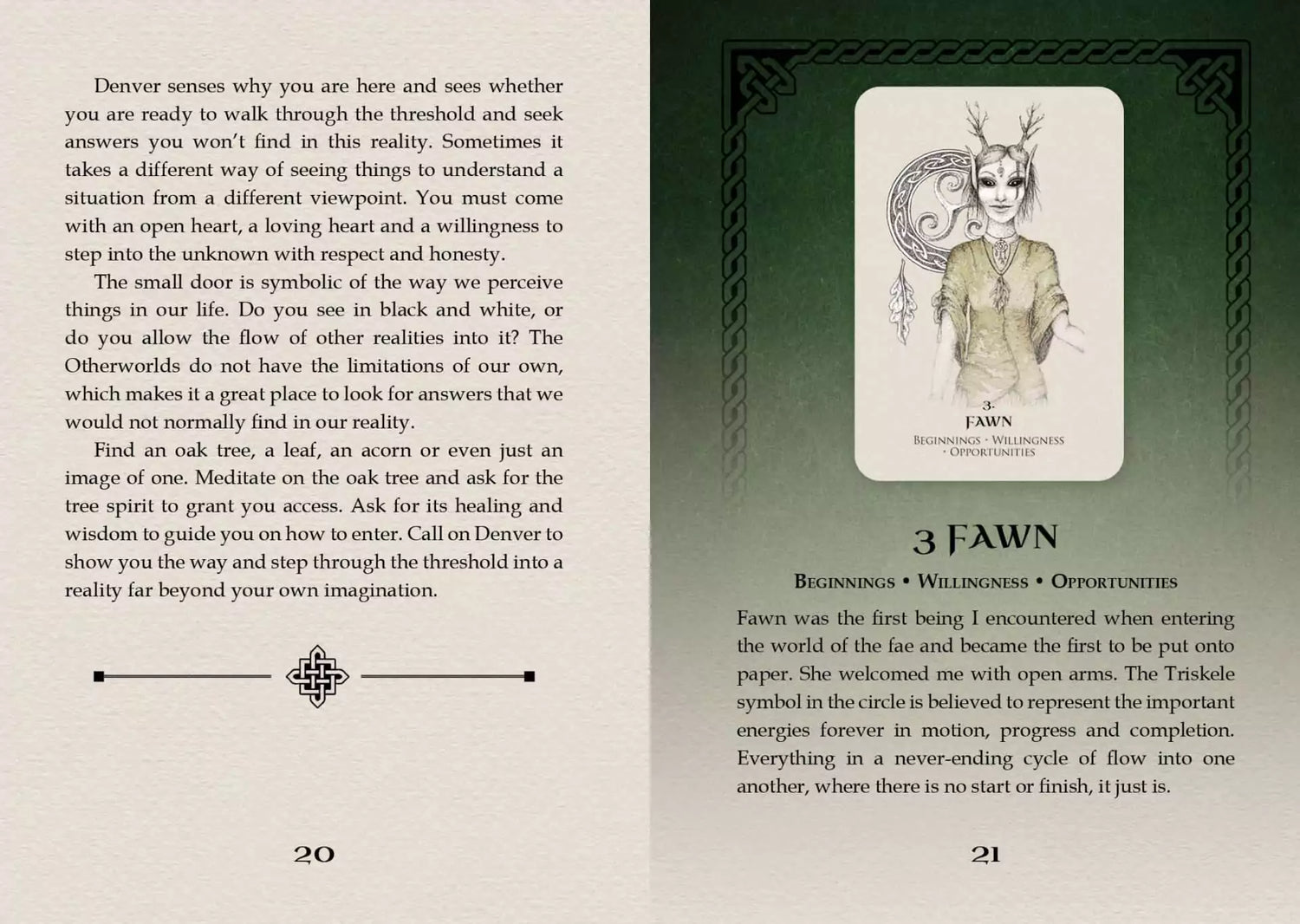 Celtic Spirit Oracle card showing a fawn character with antlers surrounded by oak leaves and Celtic knotwork