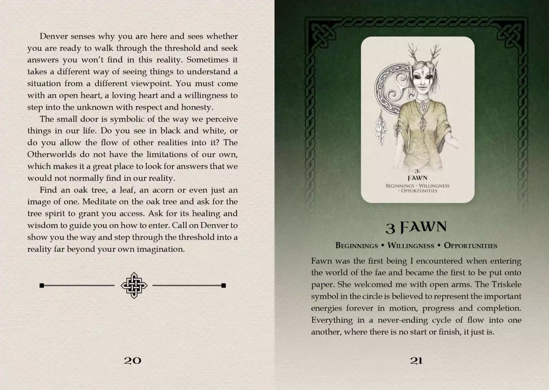 Celtic Spirit Oracle card showing a fawn character with antlers surrounded by oak leaves and Celtic knotwork