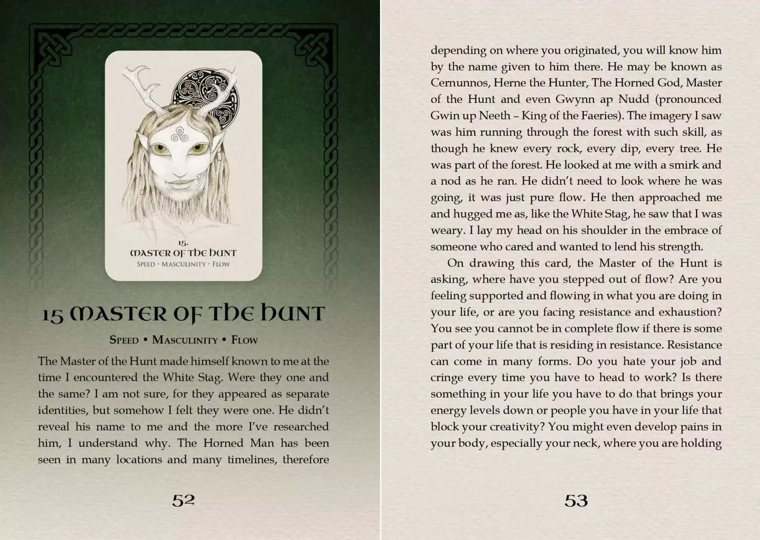 Celtic Spirit Oracle card titled Master of the Hunt featuring an illustrated forest hunter figure with antlered helm