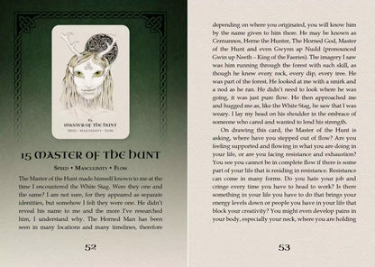 Celtic Spirit Oracle card titled Master of the Hunt featuring an illustrated forest hunter figure with antlered helm