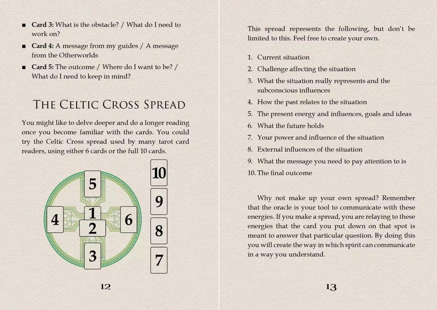 Celtic Spirit Oracle guide card depicting a Celtic Cross tarot spread with numbered position descriptions