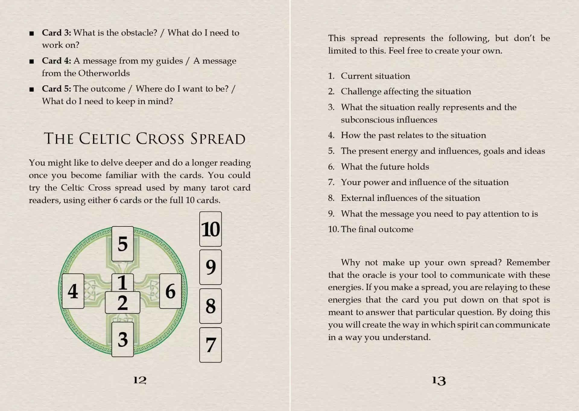 Celtic Spirit Oracle guide card depicting a Celtic Cross tarot spread with numbered position descriptions