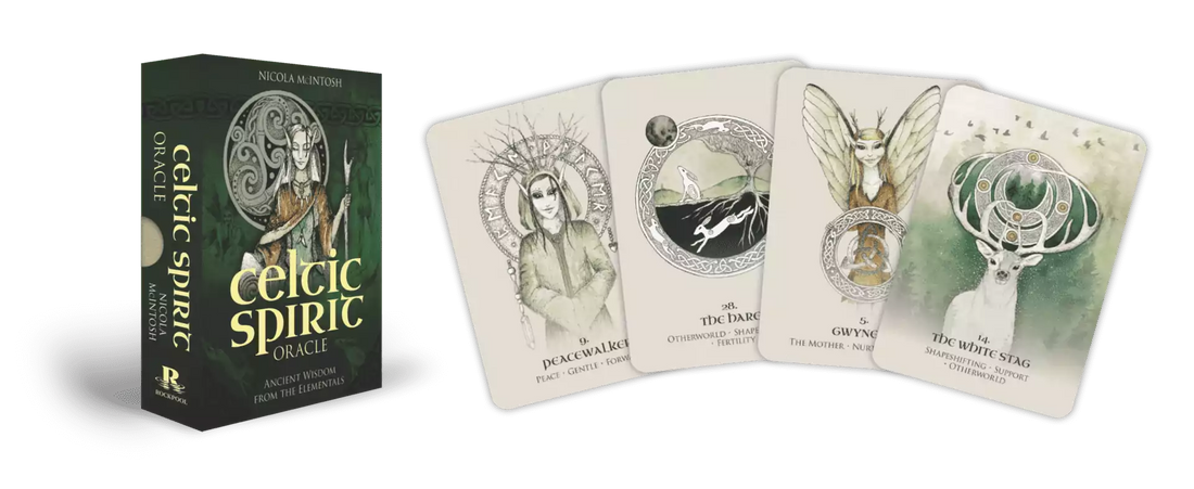Celtic Spirit Oracle card deck displayed alongside its companion guidebook with forest scene on the cover