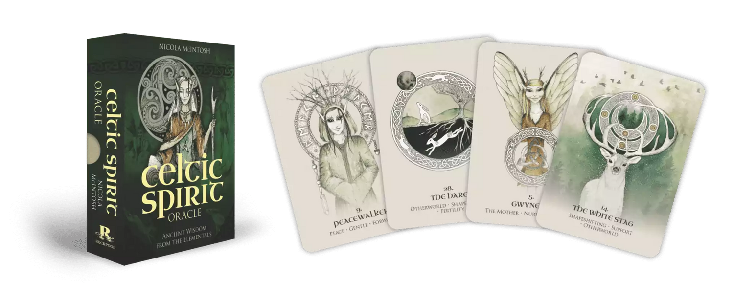 Celtic Spirit Oracle card deck displayed alongside its companion guidebook with forest scene on the cover