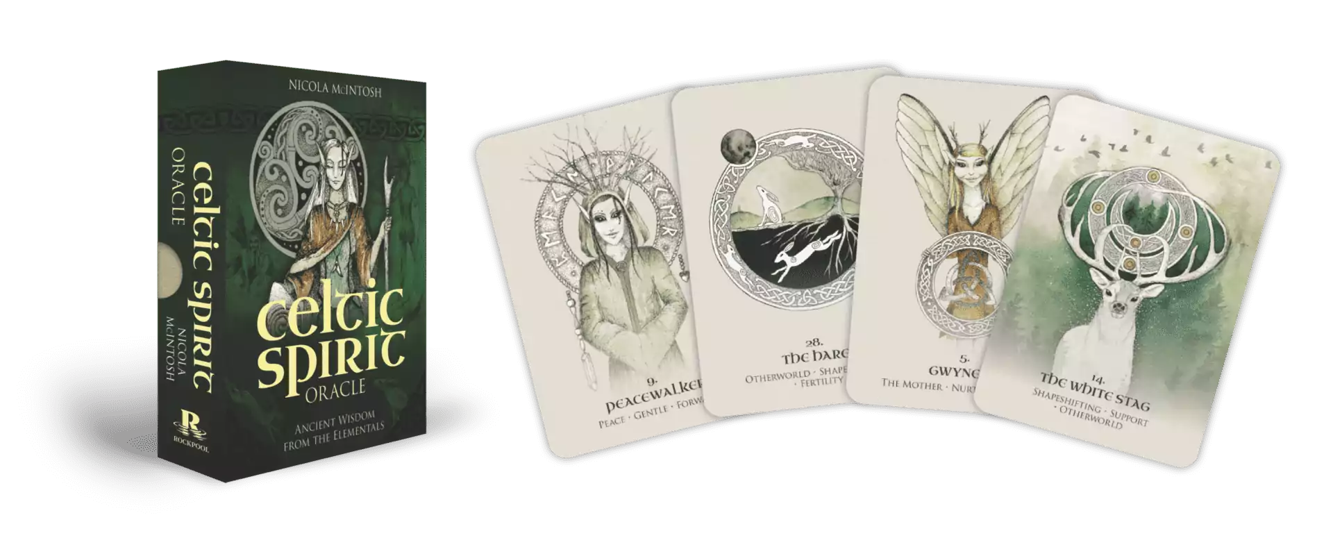 Celtic Spirit Oracle card deck displayed alongside its companion guidebook with forest scene on the cover