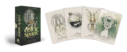 Celtic Spirit Oracle card deck displayed alongside its companion guidebook with forest scene on the cover