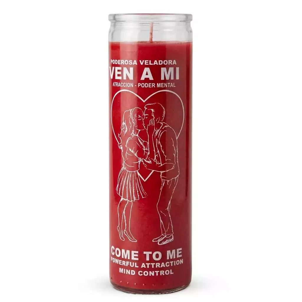 Come To Me red glass jar ritual candle for love drawing and attraction in the hoodoo tradition — front label view.