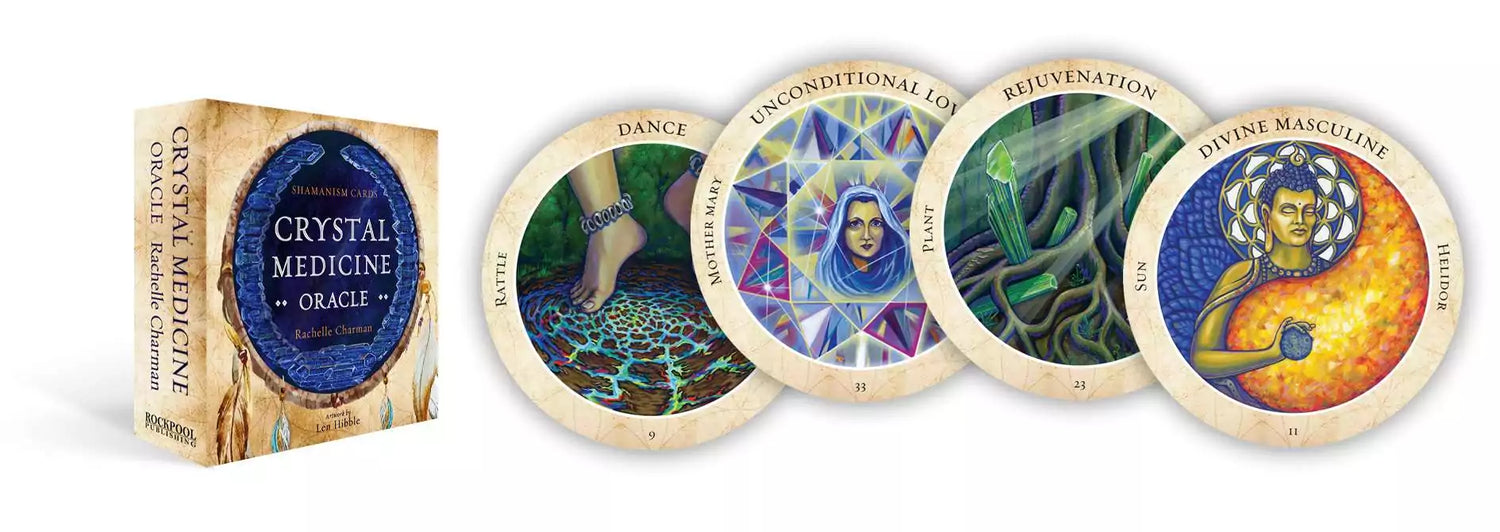 Crystal Medicine Oracle box set with four circular crystal healing cards displayed in front showing gemstone illustrations, Charman and Hibble 33-card deck.