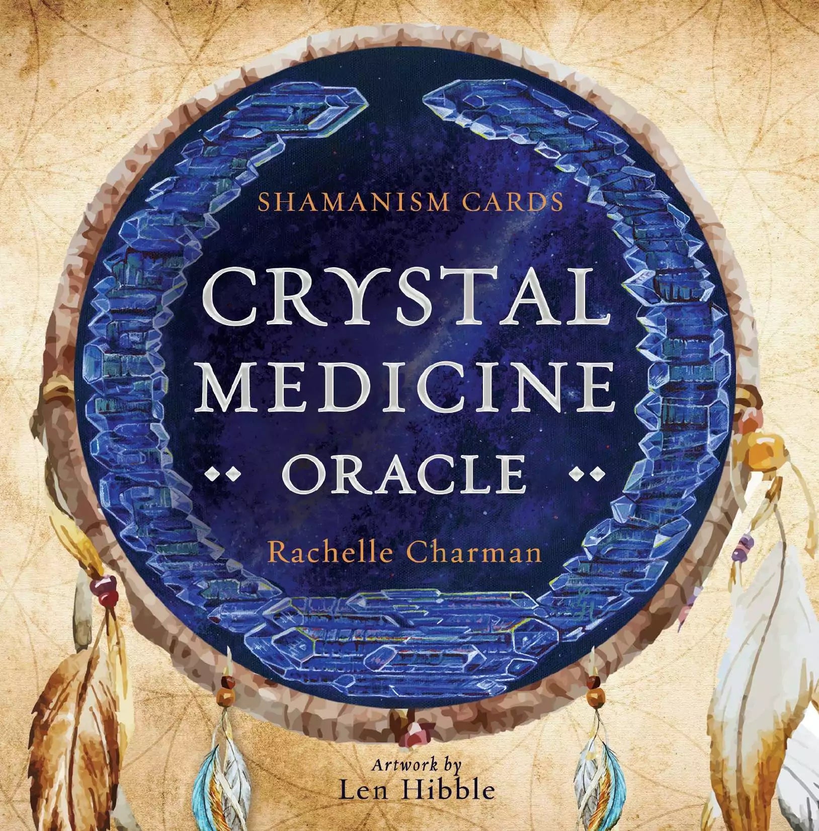 Crystal Medicine Oracle circular card showing the deck title design with crystal illustration, distinctive round format oracle card from the Rockpool publishing deck.