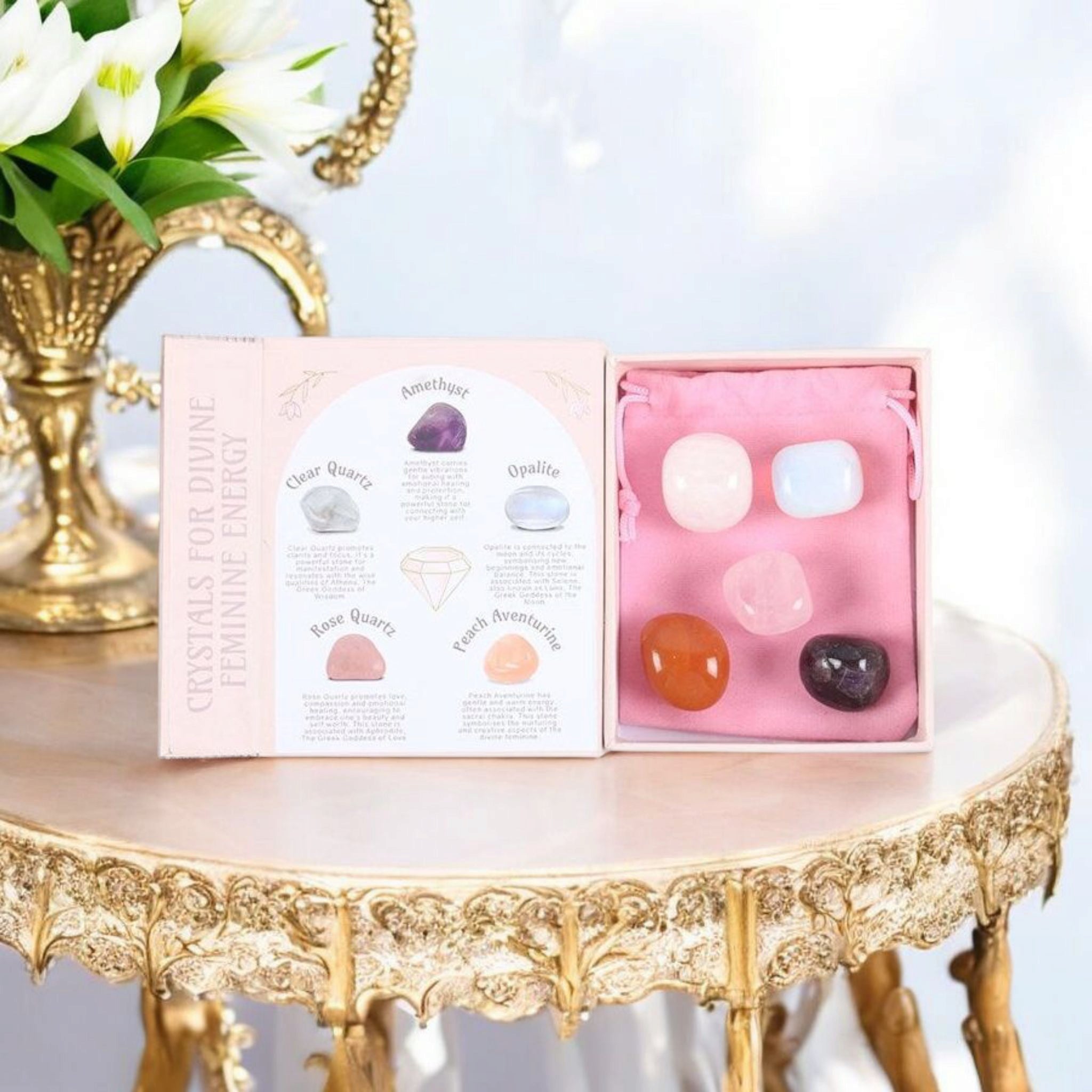 Crystals for Divine Feminine Energy – 5-Piece Crystal Set with Velvet Pouch